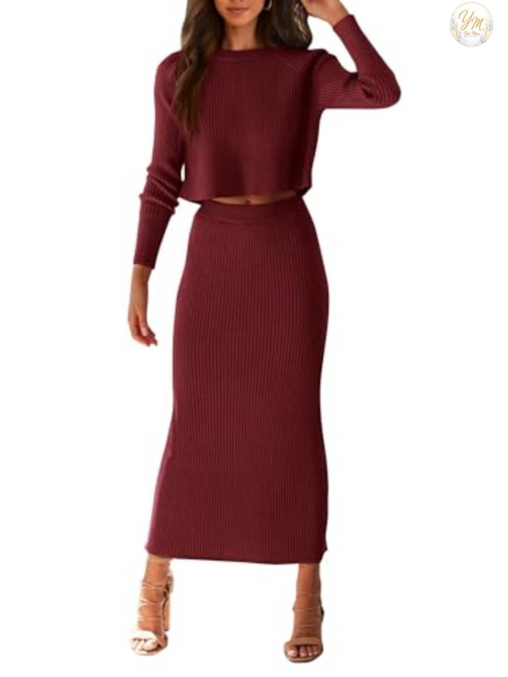 2 Piece Sweater Set Rib Knit Crop Top Maxi Bodycon Skirt Casual